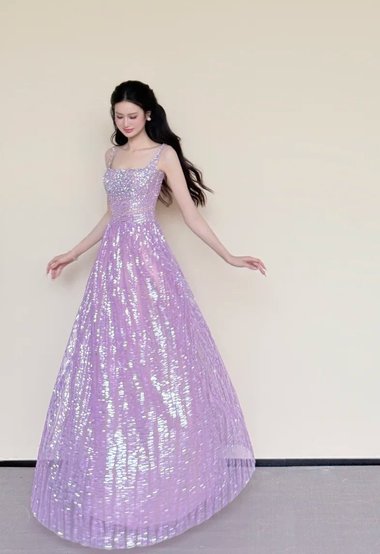 Sparking Prom Dress Light Purple Spaghetti Straps Gala Dress Evening Gown Birthday Party Outfits    D4853