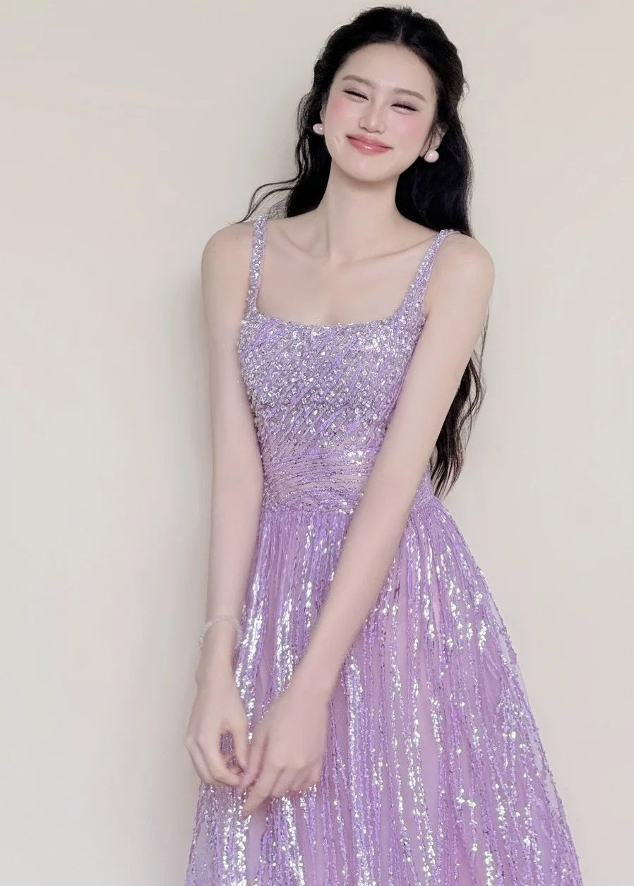 Sparking Prom Dress Light Purple Spaghetti Straps Gala Dress Evening Gown Birthday Party Outfits    D4853