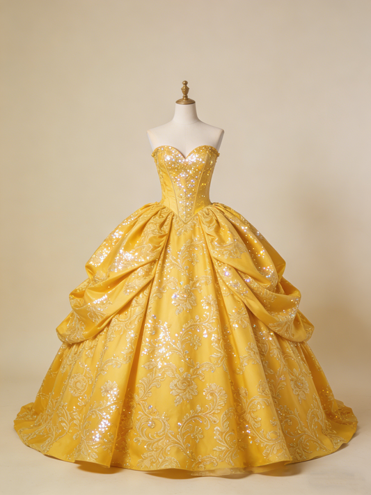 Shiny Ball Gown Yellow Sweetheart Pleated Prom Dresses 18th Dress Evening Gala Gown      D4856