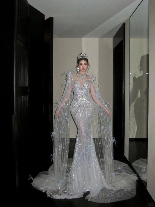 Elegant Glittering Silvery Beaded Sequined Design Mermaid Wedding Dress Prom Dress Evening Dress D1713