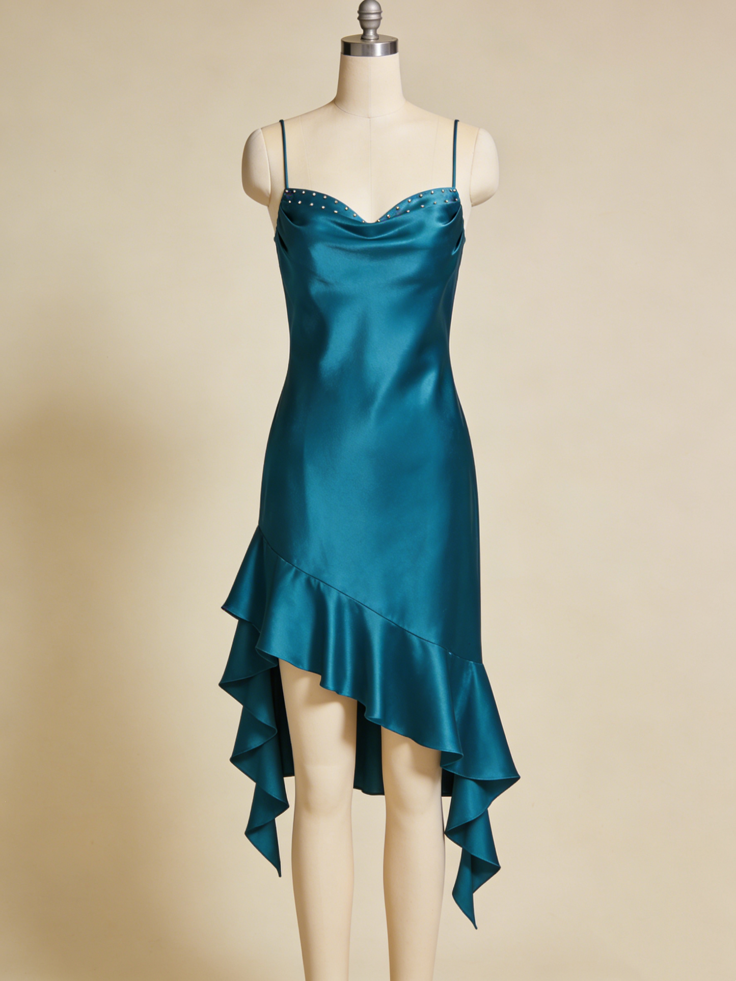 Pretty Prom Dress Satin Spaghetti Straps Ruffle Gala Dress Evening Gown Cocktail Outfits    D4866
