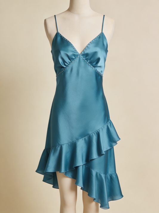 Stunning Prom Dress Satin Blue V-neck Beading Gala Dress Evening Gown Birthday Party Outfits    D4869