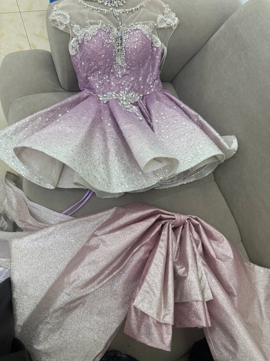 Shiny Homecoming Dress Ombre Crew Neck Pleated Short Back to School Prom Dress Birthday Outfits  D4877