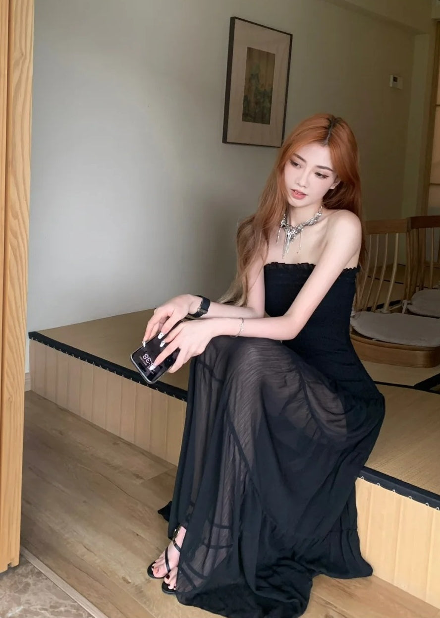 Elegant Prom Dress Black Strapless Gala Evening Gown Dress Birthday Party Outfits    D4882