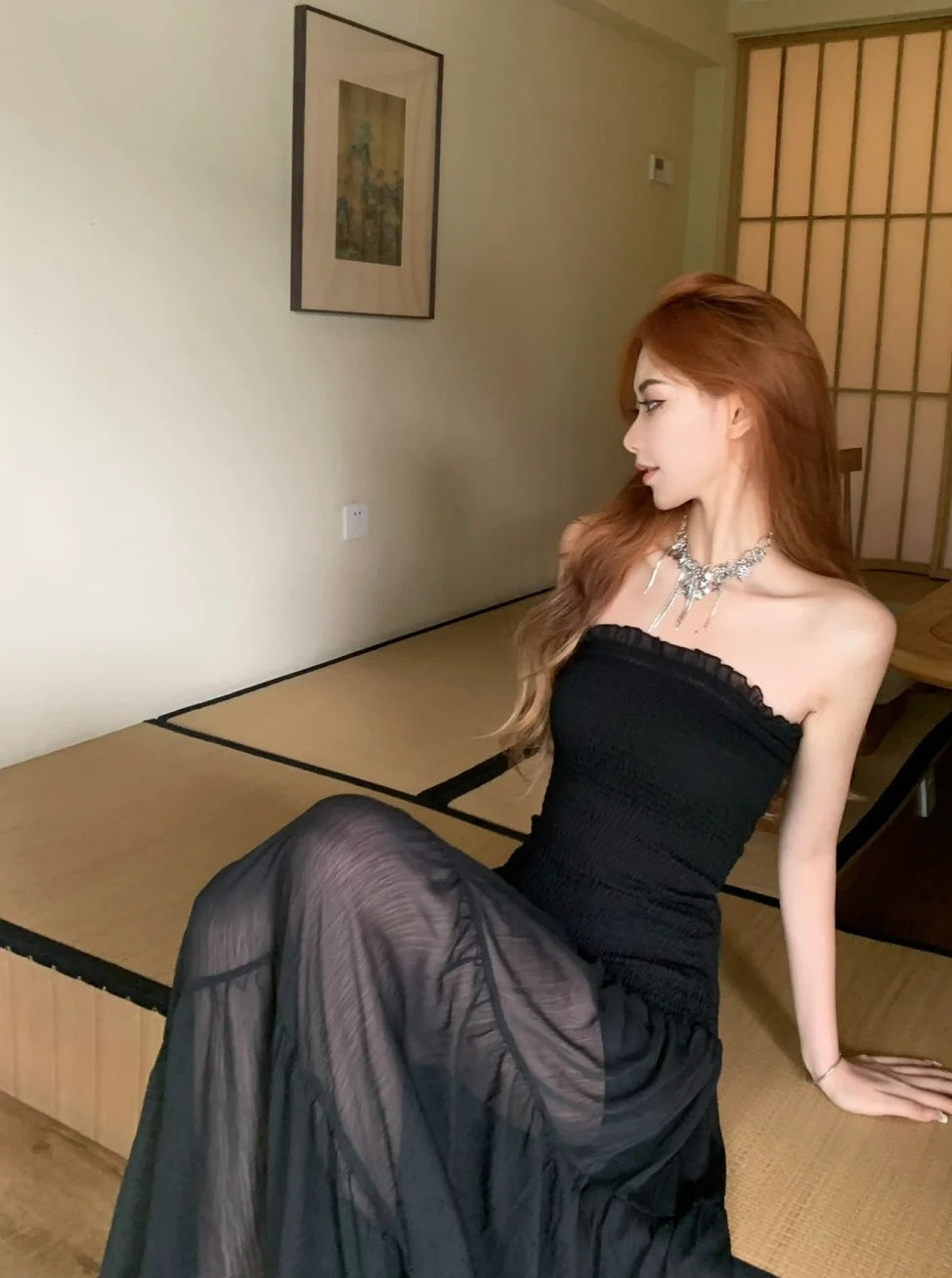 Elegant Prom Dress Black Strapless Gala Evening Gown Dress Birthday Party Outfits    D4882