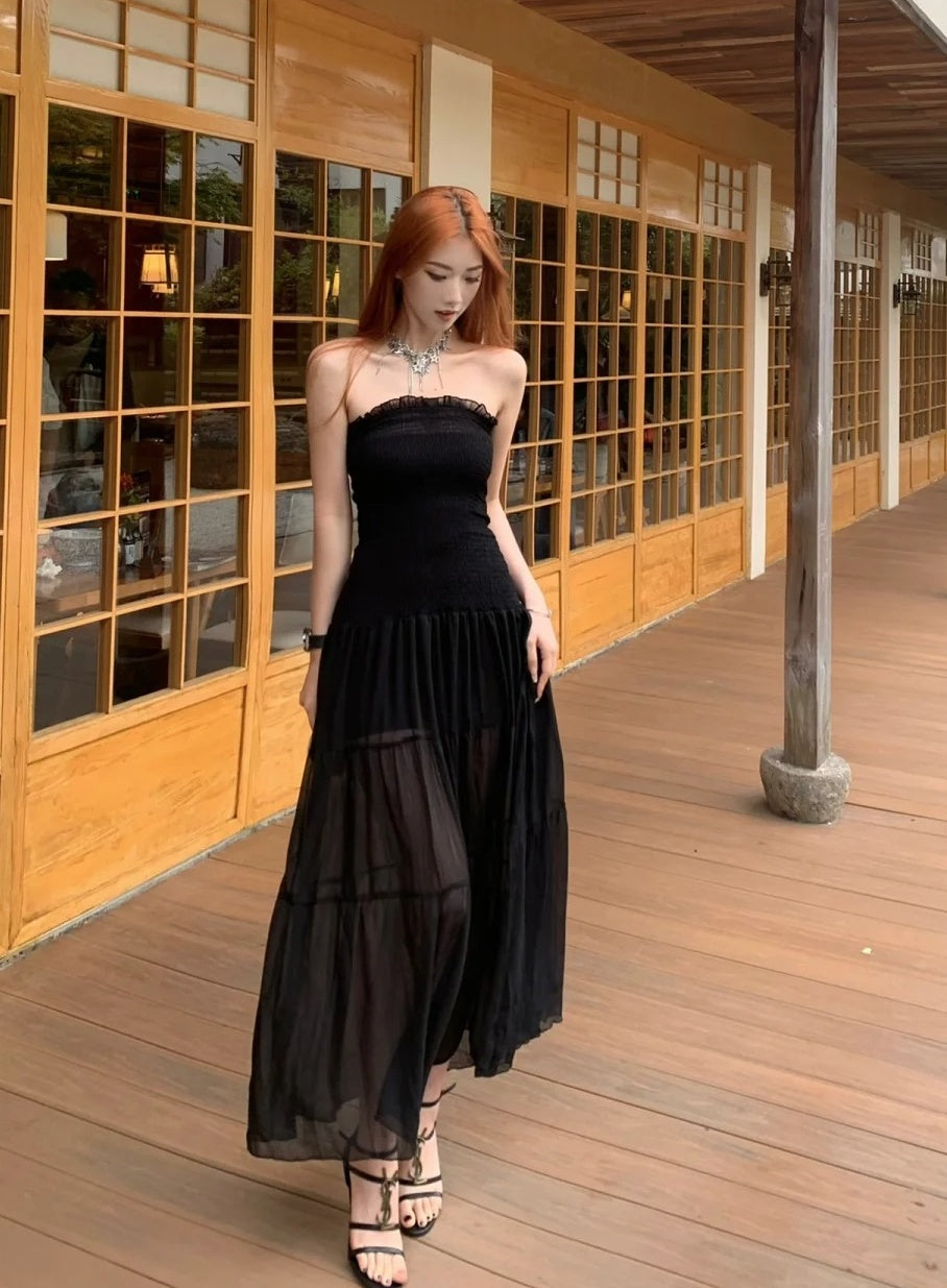 Elegant Prom Dress Black Strapless Gala Evening Gown Dress Birthday Party Outfits    D4882