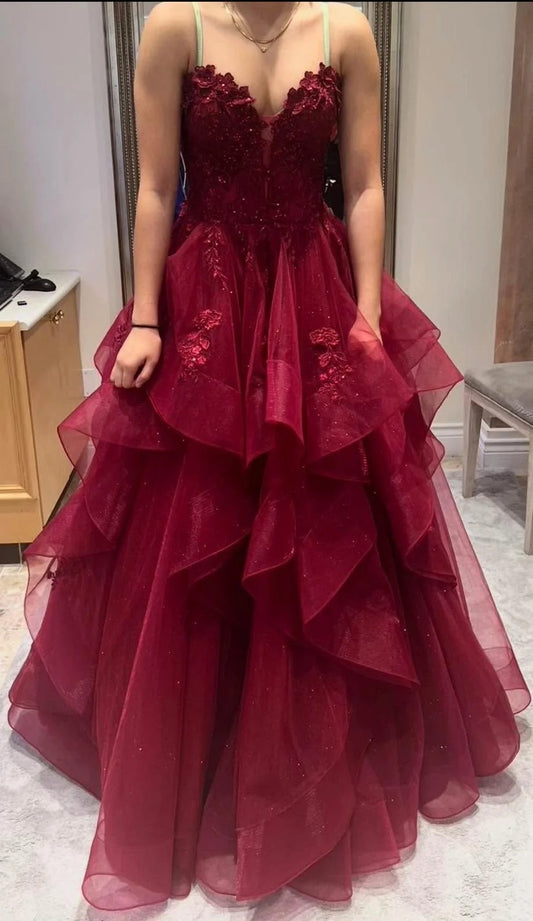 Burgundy Prom Dress Sweetheart Tulle Gala Evening Gown Dress Birthday Party Outfits    D4892