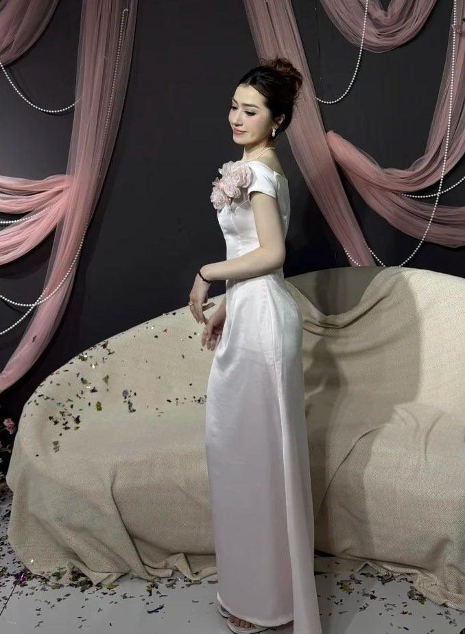 Elegant Prom Dress Satin Off Shoulder Birthday Party Outfits Light Pink Evening Gown Gala Dress     D4896