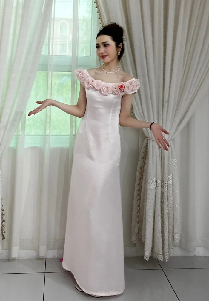 Elegant Prom Dress Satin Off Shoulder Birthday Party Outfits Light Pink Evening Gown Gala Dress     D4896