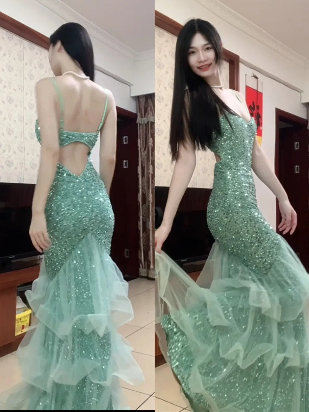 Sparking Prom Dress Spaghetti Straps Tulle Mermaid Birthday Party Outfits Backless Evening Gown Gala Dress     D4897