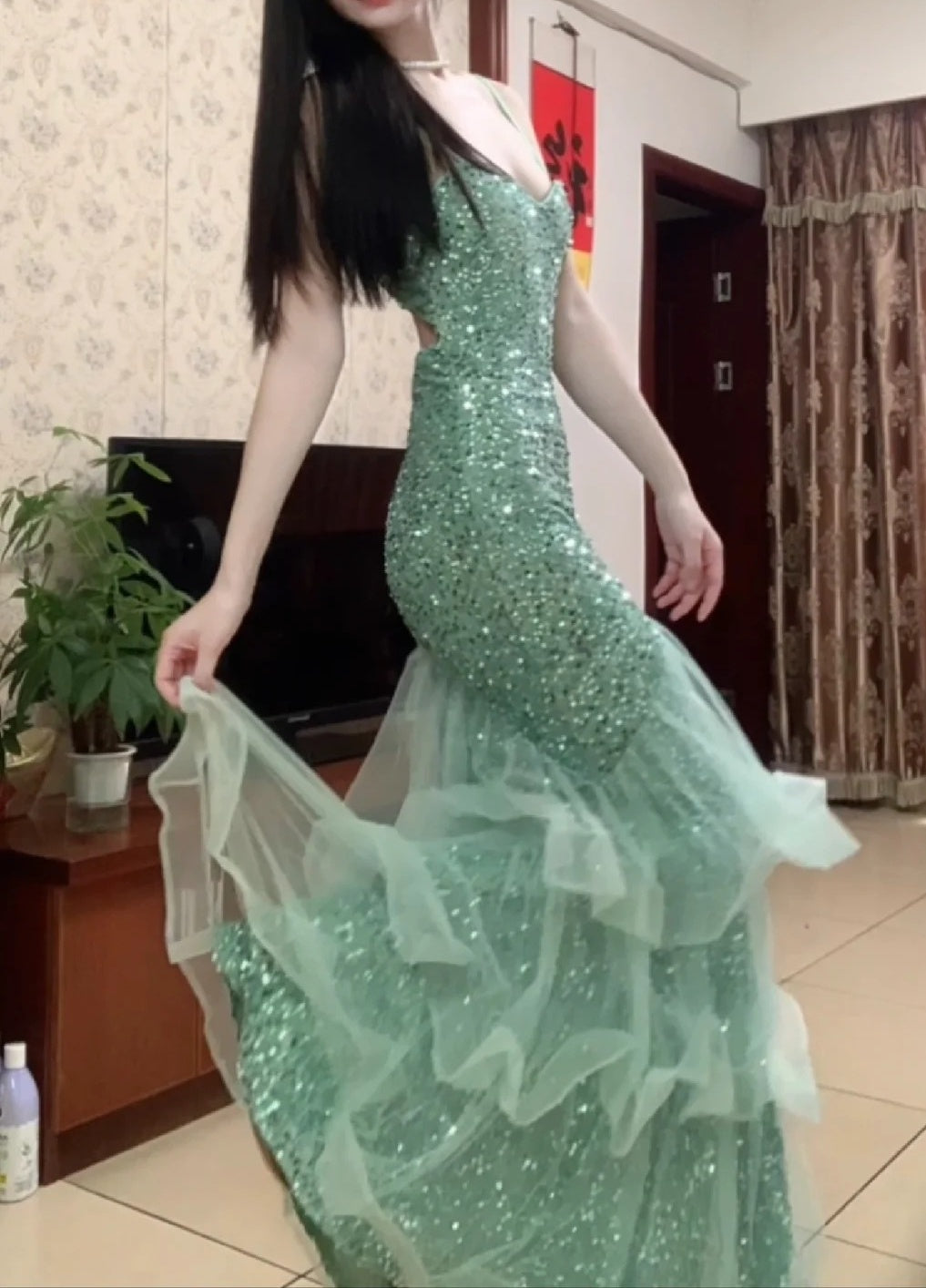 Sparking Prom Dress Spaghetti Straps Tulle Mermaid Birthday Party Outfits Backless Evening Gown Gala Dress     D4897