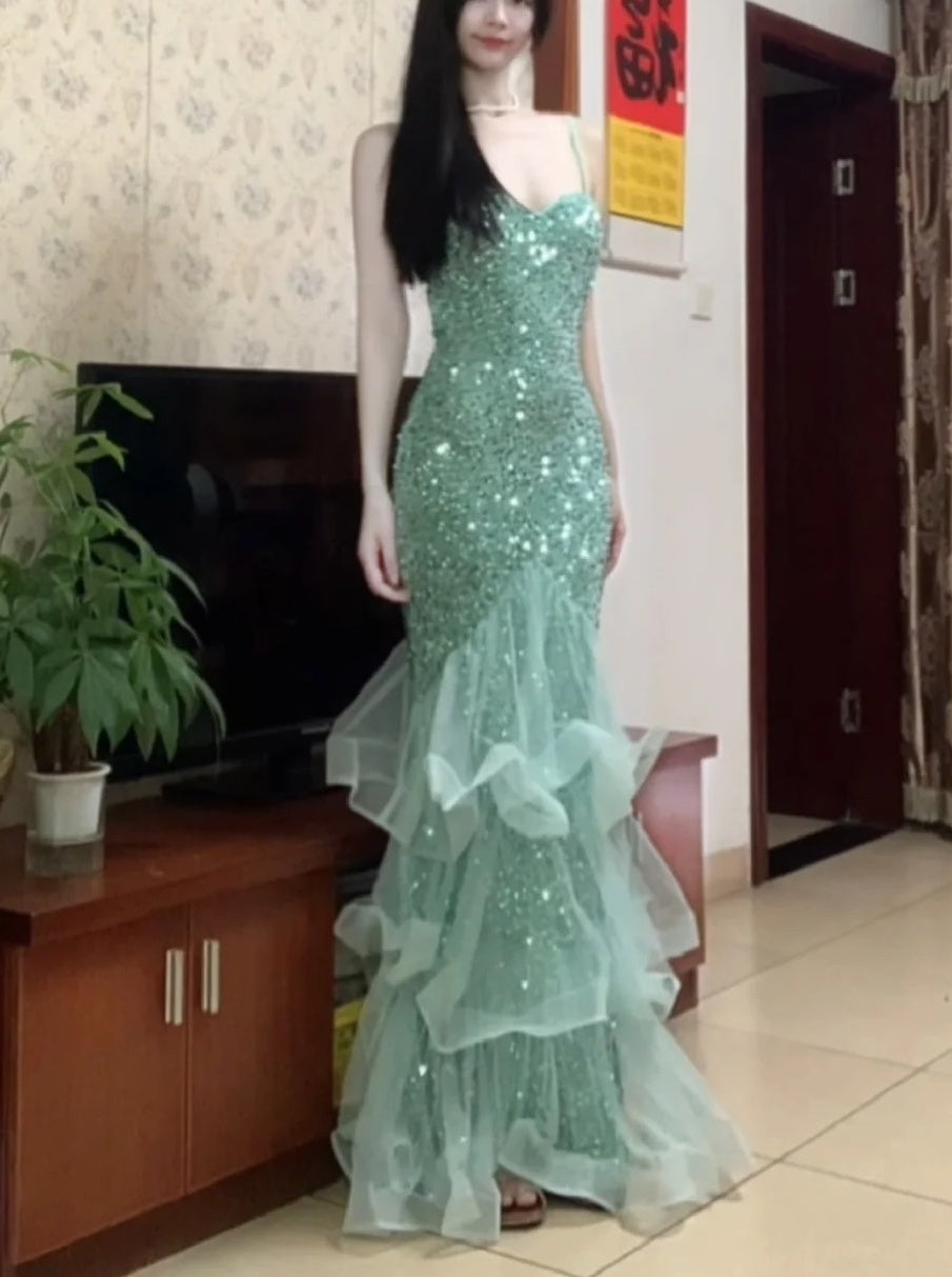 Sparking Prom Dress Spaghetti Straps Tulle Mermaid Birthday Party Outfits Backless Evening Gown Gala Dress     D4897