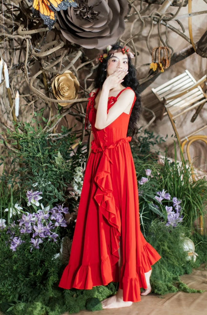 Charming Prom Dress Spaghetti Straps Birthday Party Outfits Red Ruffle Evening Gown Gala Dress     D4899