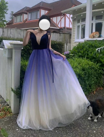 Ombre Prom Dress Spaghetti Straps Tulle Birthday Party Outfits Evening Gown Gala Dress     D4904