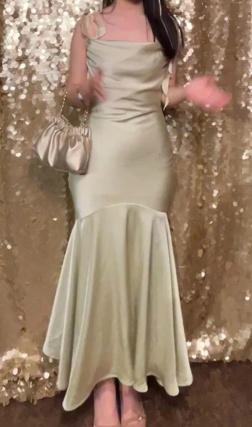 Satin Prom Dress Spaghetti Straps Mermaid Formal Outfits Evening Gown Gala Dress     D4905