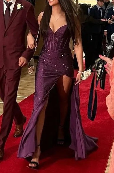 Shiny Prom Dress Dark Purple Slit Party Outfits Spaghetti Straps Evening Gown Gala Dress     D4906