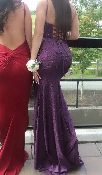 Shiny Prom Dress Dark Purple Slit Party Outfits Spaghetti Straps Evening Gown Gala Dress     D4906