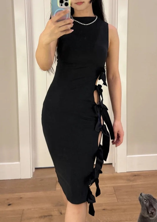 Minimalist Prom Dress Black Sleeveless Bowknot Gala Gown Evening Dress Birthday Party Outfits    D4912