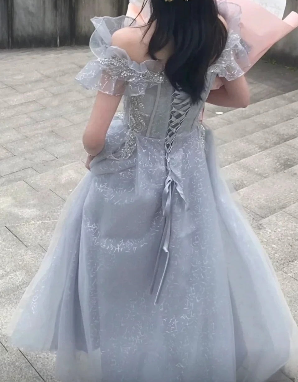 Beauty Prom Dress Off Shoulder Pleated Gala Gown Birthday Party Outfits Tulle Evening Dress    D4915