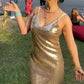 Shiny Prom Dress Gold Sequins V-neck Gala Gown Birthday Party Outfits Evening Dress    D4919