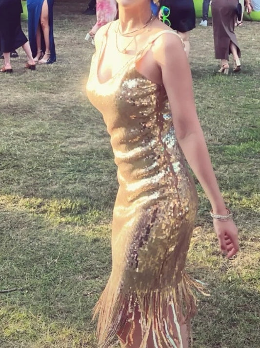 Shiny Prom Dress Gold Sequins V-neck Gala Gown Birthday Party Outfits Evening Dress    D4919