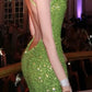 Shiny Prom Dress Green Spaghetti Straps Backless Gala Gown Evening Dress Birthday Party Outfits    D4922