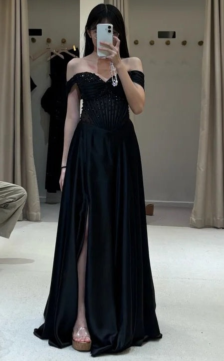 Sparkling Prom Dress Black Off Shoulder Slit Gala Gown Party Outfits Evening Dress   D4928