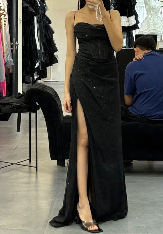 Stunning Prom Dress Black Spaghetti Straps Pleated Gala Gown Party Outfits Evening Dress   D4930