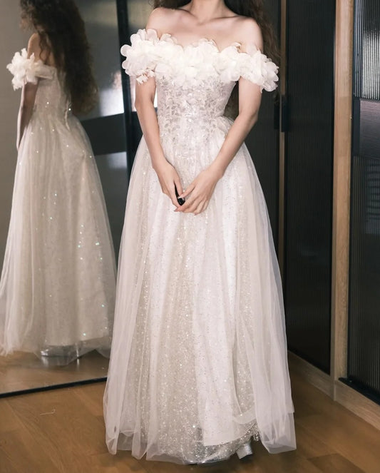 Elegant Prom Dress Off Shoulder Pleated Tulle Gala Gown Party Outfits Evening Dress   D4931