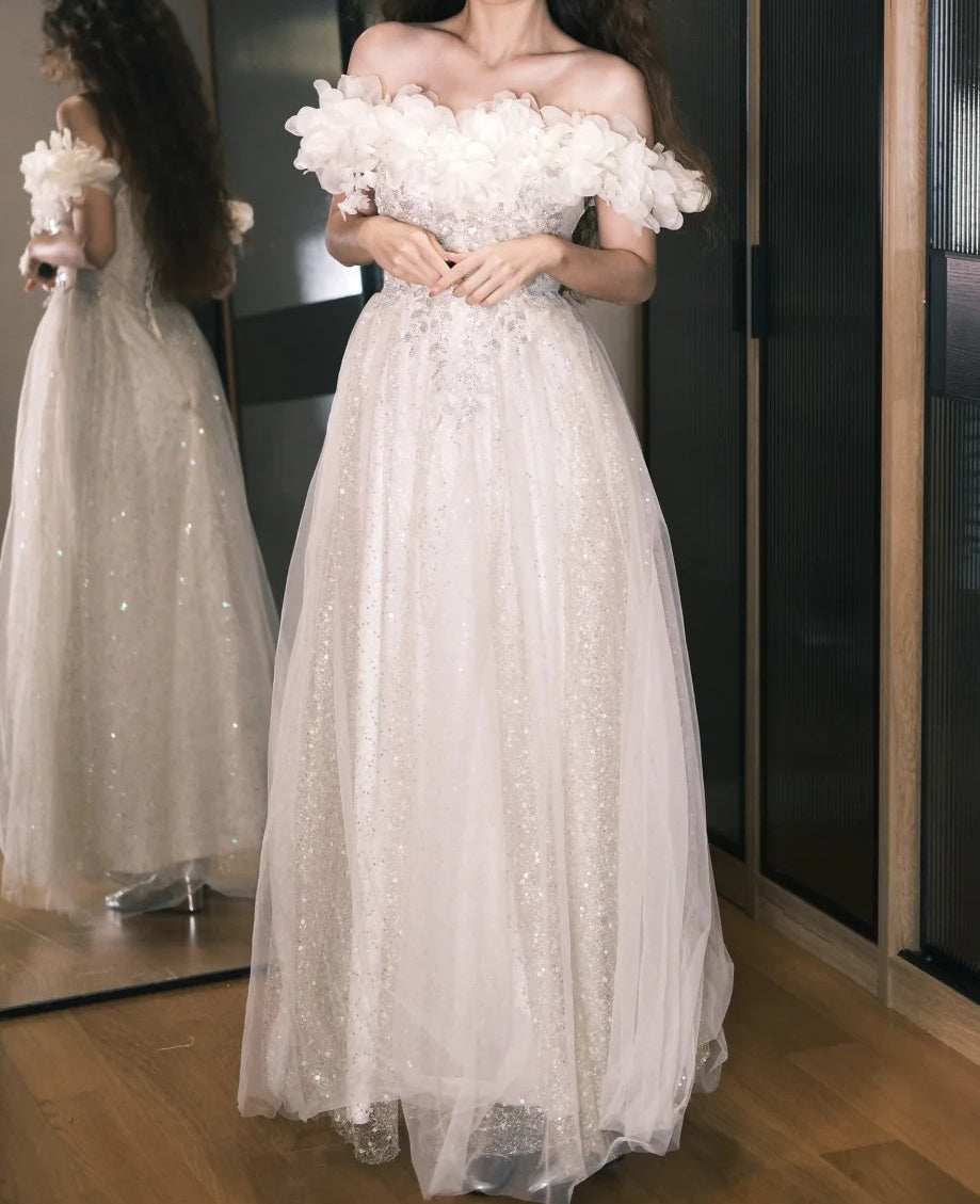 Elegant Prom Dress Off Shoulder Pleated Tulle Gala Gown Party Outfits Evening Dress   D4931