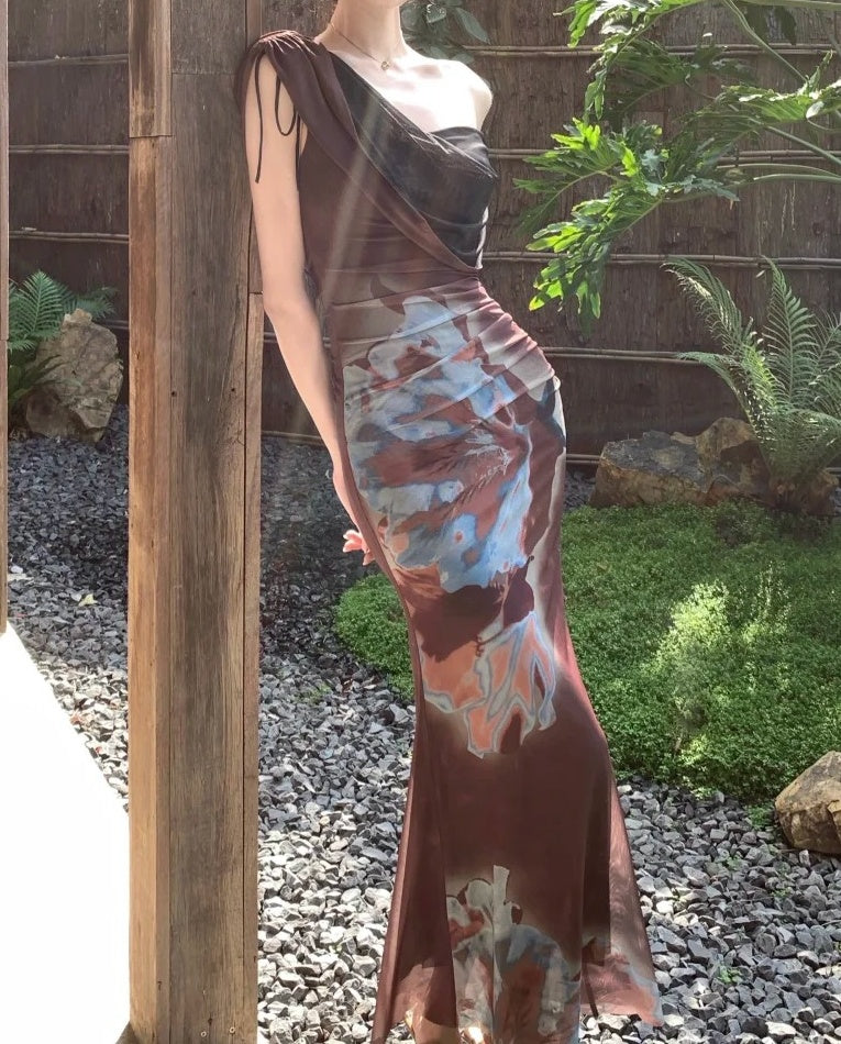 New Arrival Prom Dress One Shoulder Print Mermaid Gala Gown Party Outfits Evening Dress   D4935