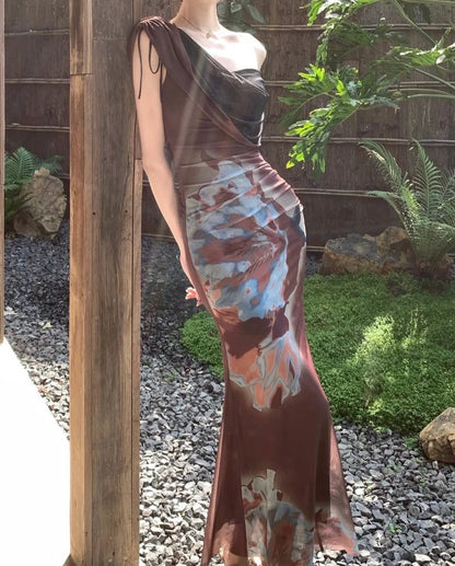 New Arrival Prom Dress One Shoulder Print Mermaid Gala Gown Party Outfits Evening Dress   D4935