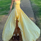 Yellow Prom Dress Strapless Pleated Slit Gala Gown Birthday Party Outfits Evening Dresses   D4938