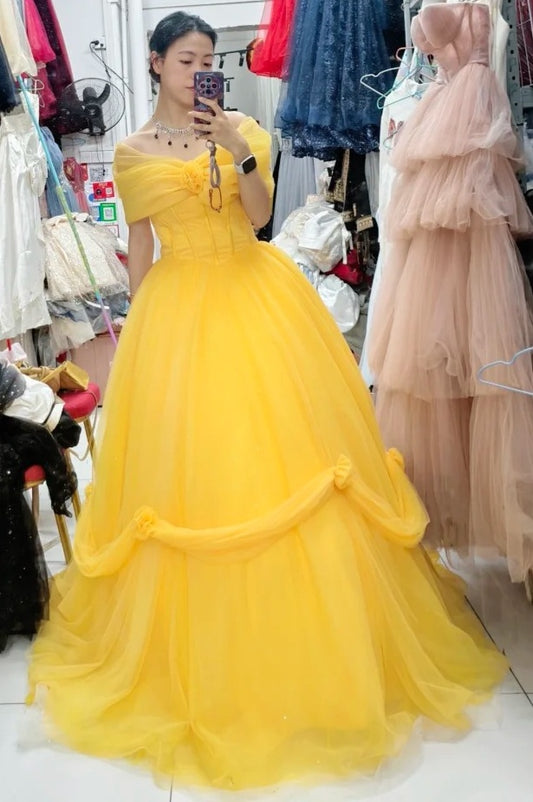 Chic Ball Gown Yellow Off Shoulder Tulle Evening Gala Gown Prom Dresses Quinceanera Dress      D4941