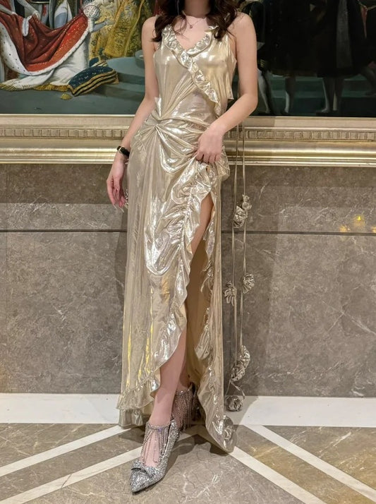 Beauty Prom Dress V-neck Pleated Slit Gala Gown Birthday Party Outfits Evening Dresses   D4942