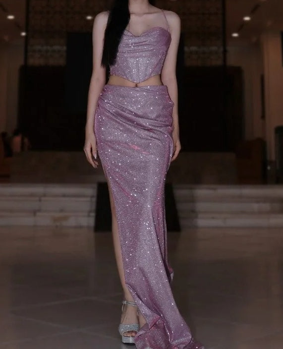 Shiny Prom Dress Light Purple Spaghetti Straps Pleated Slit Gala Gown Shcool Cocktail Outfits Evening Dresses   D4943