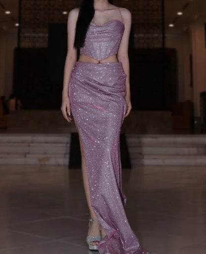 Shiny Prom Dress Light Purple Spaghetti Straps Pleated Slit Gala Gown Shcool Cocktail Outfits Evening Dresses   D4943