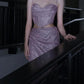 Shiny Prom Dress Light Purple Spaghetti Straps Pleated Slit Gala Gown Shcool Cocktail Outfits Evening Dresses   D4943