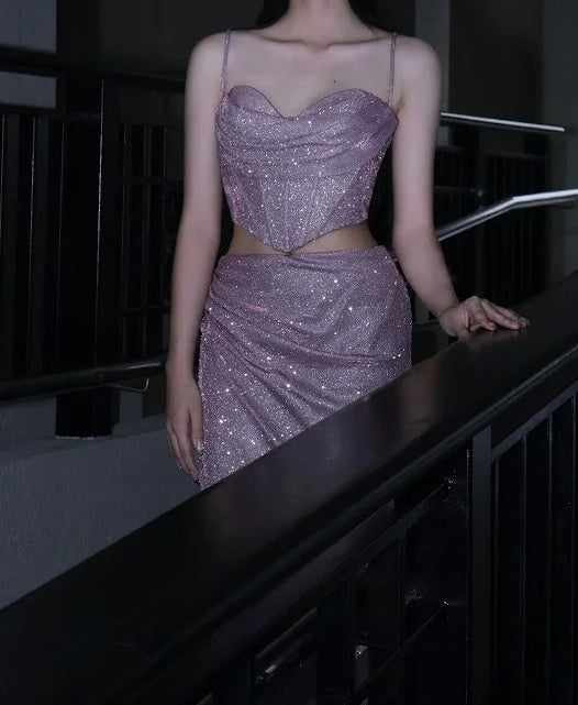 Shiny Prom Dress Light Purple Spaghetti Straps Pleated Slit Gala Gown Shcool Cocktail Outfits Evening Dresses   D4943