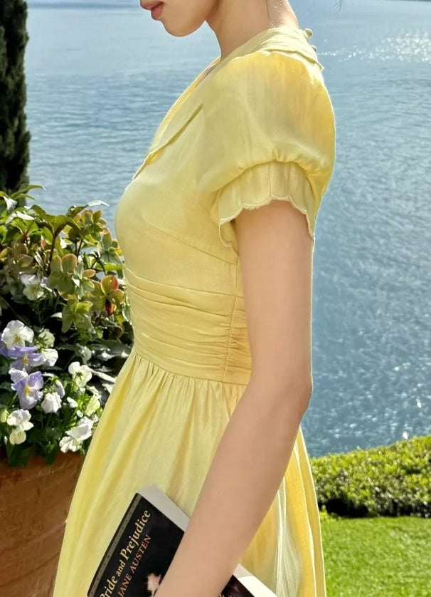 Elegant Prom Dress Light Yellow U-neck Pleated Party Outfits Gala Gown Evening Dresses   D4946