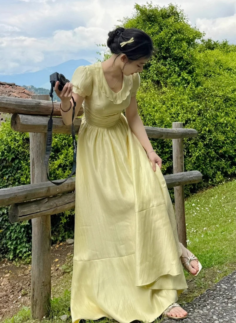 Elegant Prom Dress Light Yellow U-neck Pleated Party Outfits Gala Gown Evening Dresses   D4946