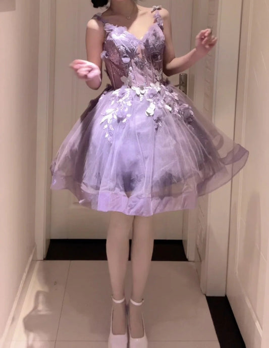 Fashion Homecoming Dress V-neck Tulle Short Party Dress Prom Dress Cocktail Outfits Birthday Party Dress  D4956