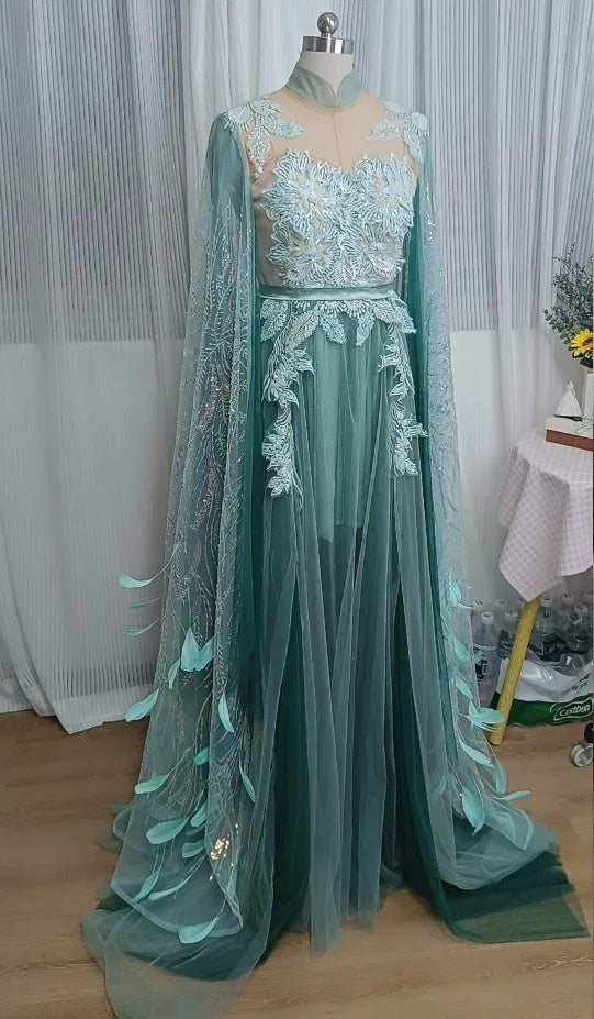 Fashion Prom Dress High Collar Pleated Tulle Evening Dresses Gala Gown Birthday Party Outfits     D4960