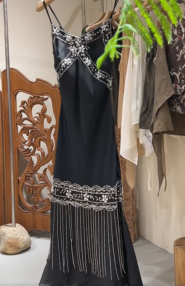 Stunning Prom Dress Black Spaghetti Straps Beading Birthday Party Outfits Evening Dresses Gala Gown      D4963