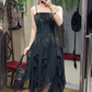 Charming Prom Dress Black Spaghetti Straps Ruffle Evening Dresses Chiffon Gala Gown Cocktail Outfits       D4966