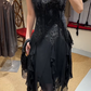 Charming Prom Dress Black Spaghetti Straps Ruffle Evening Dresses Chiffon Gala Gown Cocktail Outfits       D4966