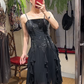 Charming Prom Dress Black Spaghetti Straps Ruffle Evening Dresses Chiffon Gala Gown Cocktail Outfits       D4966