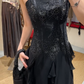 Charming Prom Dress Black Spaghetti Straps Ruffle Evening Dresses Chiffon Gala Gown Cocktail Outfits       D4966