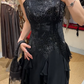 Charming Prom Dress Black Spaghetti Straps Ruffle Evening Dresses Chiffon Gala Gown Cocktail Outfits       D4966