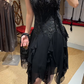 Charming Prom Dress Black Spaghetti Straps Ruffle Evening Dresses Chiffon Gala Gown Cocktail Outfits       D4966